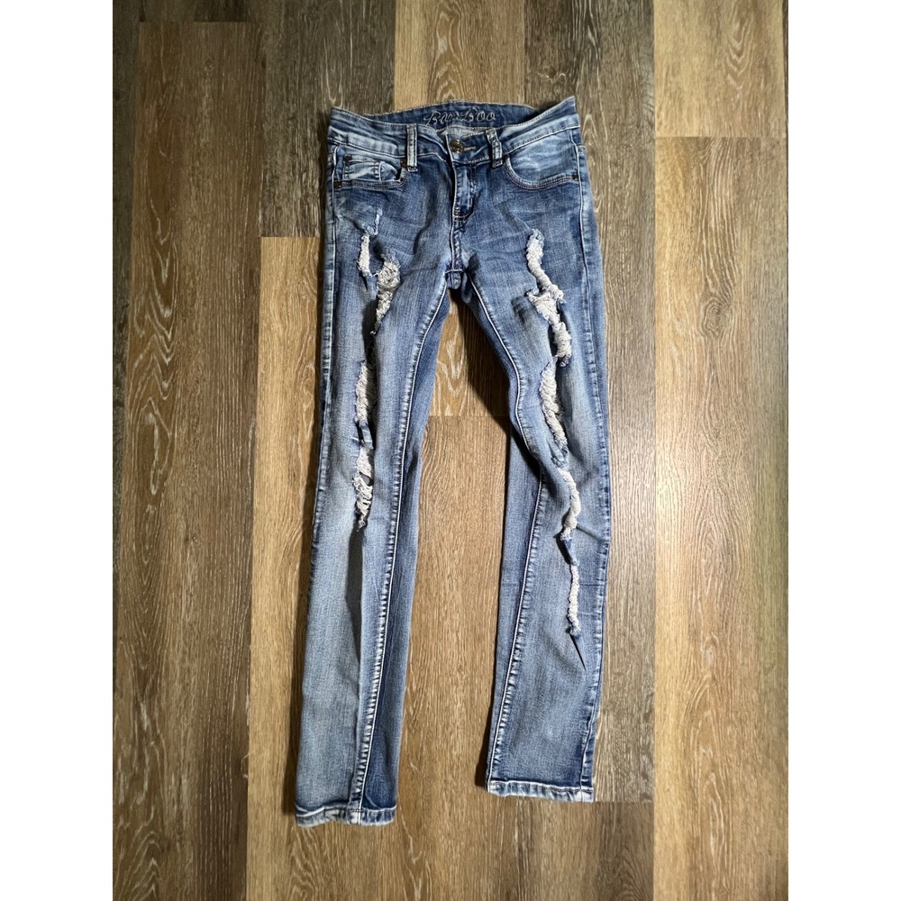 Bamboo Skinny Jeans Womens 3/4 Blue Good Distressed Shredded Low Rise Stretch